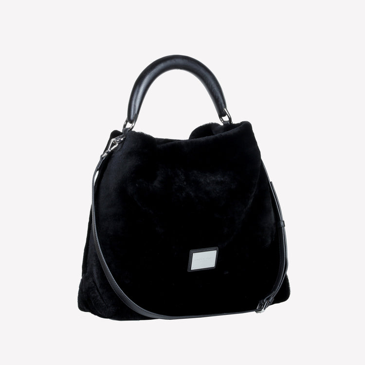 Roberto Festa BORSA A SPALLA IN MONTONE EFFETTO VISONE COLOR NERO CON MANICO IN LEGNO NERO BIANCA Negozi Online