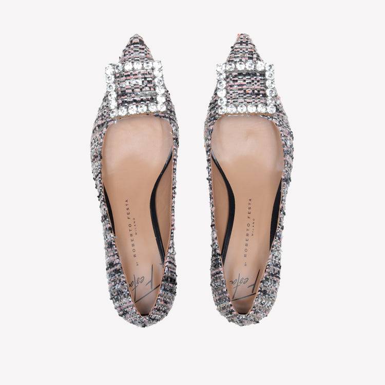 Roberto Festa DECOLLETE’ IN TESSUTO MULTICOLORE CON FIBBIA QUADRA STRASS EVILLY Fino Al -60%