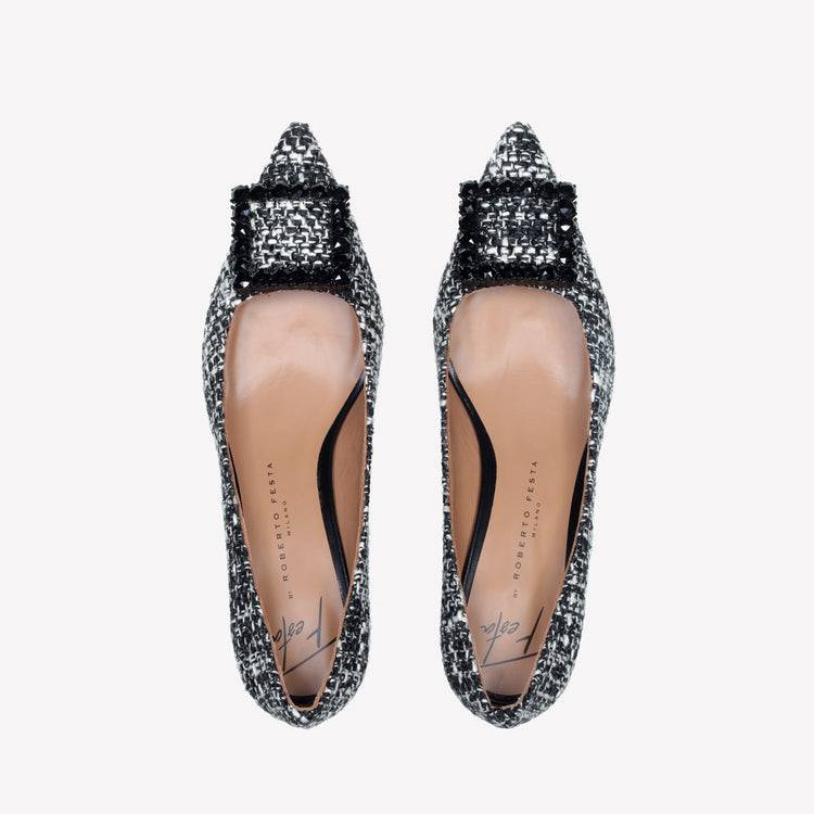 Roberto Festa DECOLLETE’ IN TESSUTO TWEED CON FIBBIA QUADRA CRISTALLI EVILLY Fino al 50% di sconto