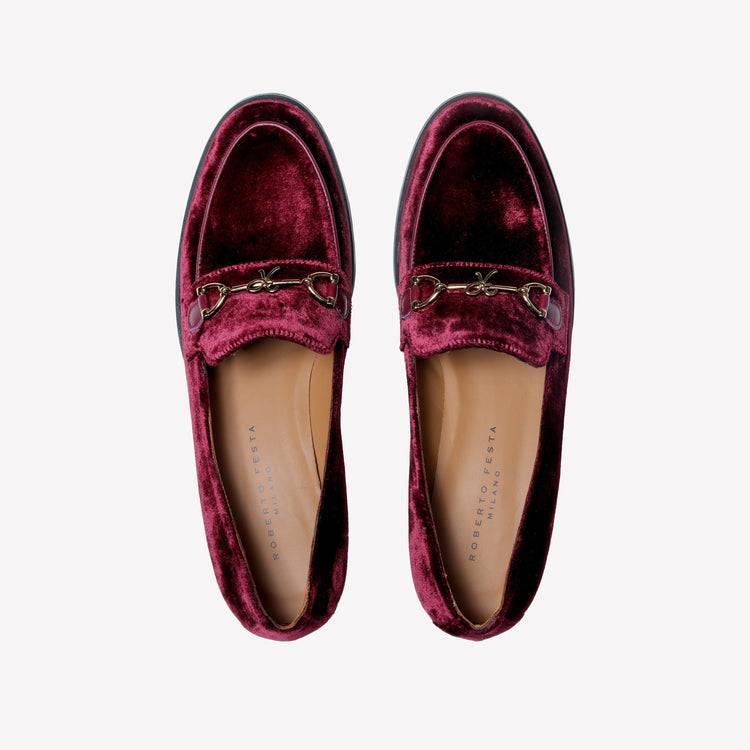 Roberto Festa MOCASSINO IN VELLUTO BORDEAUX CON ACCESSORIO MORSETTO ORO AXEL Prezzo Ridotto