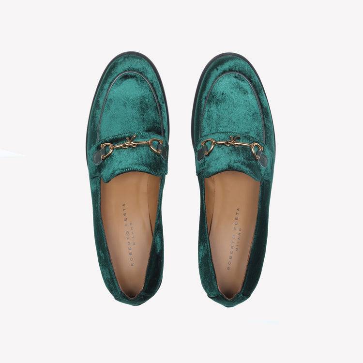 Roberto Festa MOCASSINO IN VELLUTO GREEN CON ACCESSORIO MORSETTO ORO AXEL Sottocosto