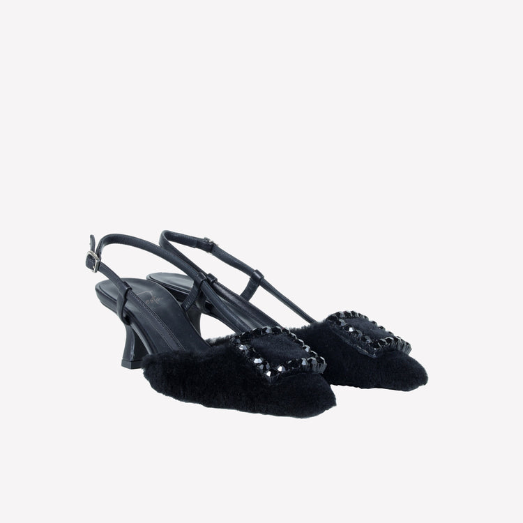 Roberto Festa SLINGBACK IN VISONE NERO CON FIBBIA QUADRA CON CRISTALLI STEFI Negozio