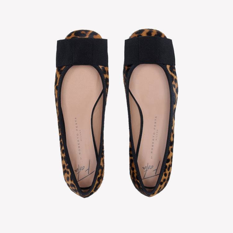 Roberto Festa DECOLLETE’ IN PELLE DI VITELLO STAMPA LEOPARDATA CON FIOCCO GROS GRAIN NERO SISKO Italy