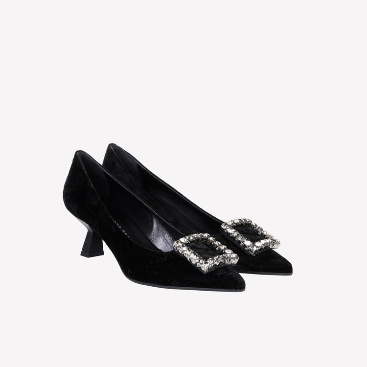 Roberto Festa DÉCOLLETÉ IN VELLUTO NERO CON ACCESSORIO STRASS EVILLY Consegna Veloce