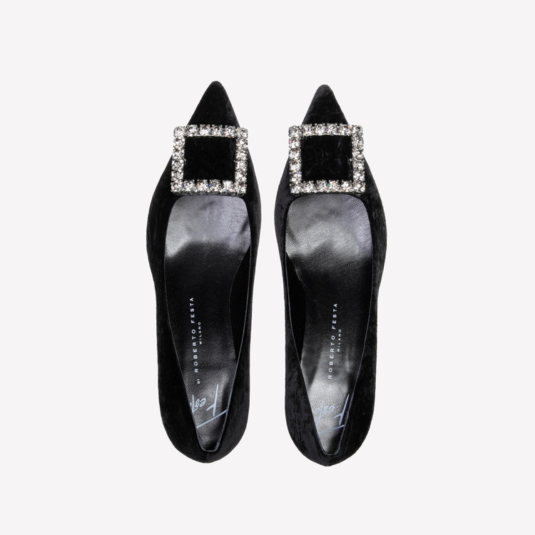 Roberto Festa DÉCOLLETÉ IN VELLUTO NERO CON ACCESSORIO STRASS EVILLY Consegna Veloce