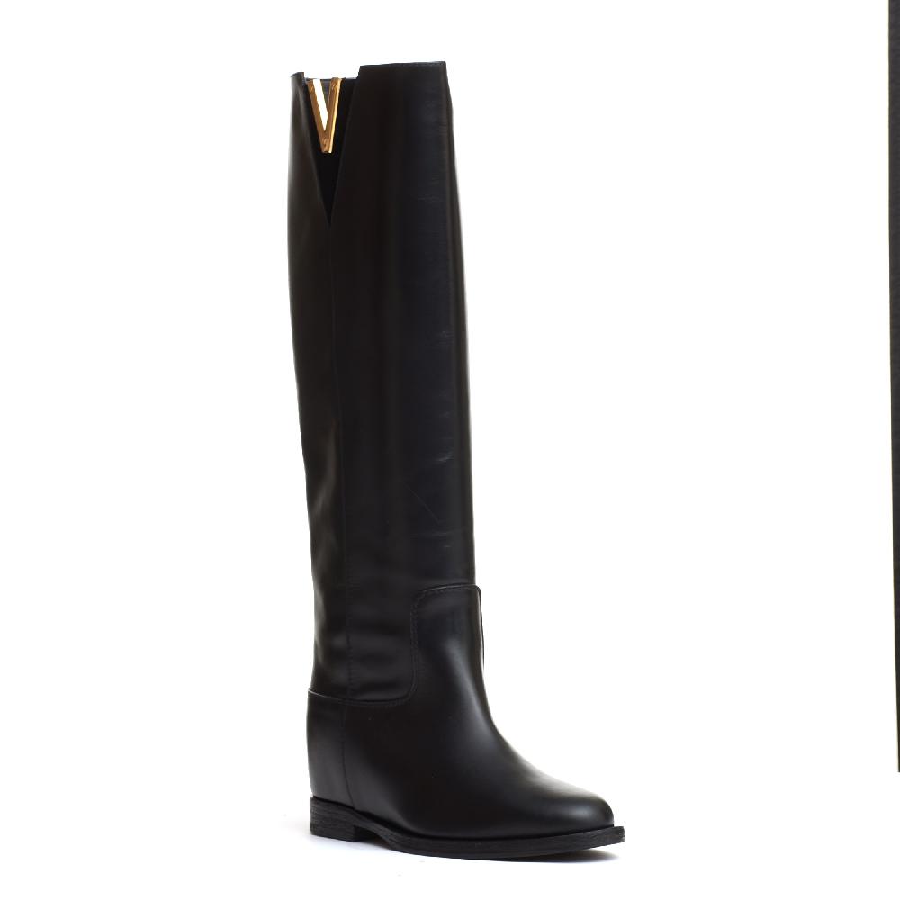 Sorelle Perego stivale pelle nera rialzo V oro e camoscio Offerte