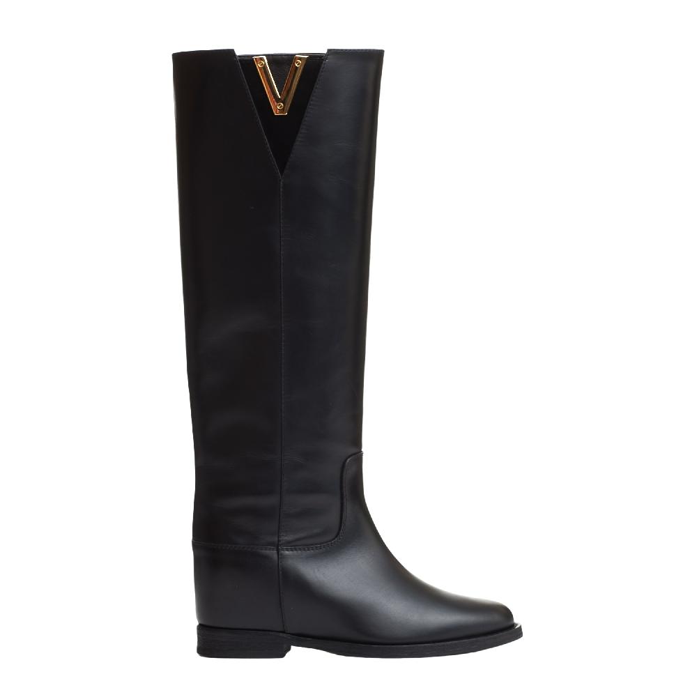 Sorelle Perego stivale pelle nera rialzo V oro e camoscio Offerte