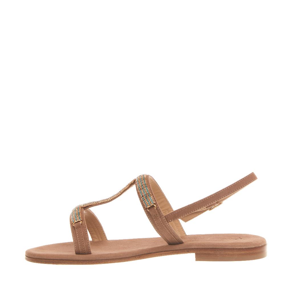 Sorelle Perego sandalo in camoscio beige con cristalli blu e rame Saldi Di Fabbrica