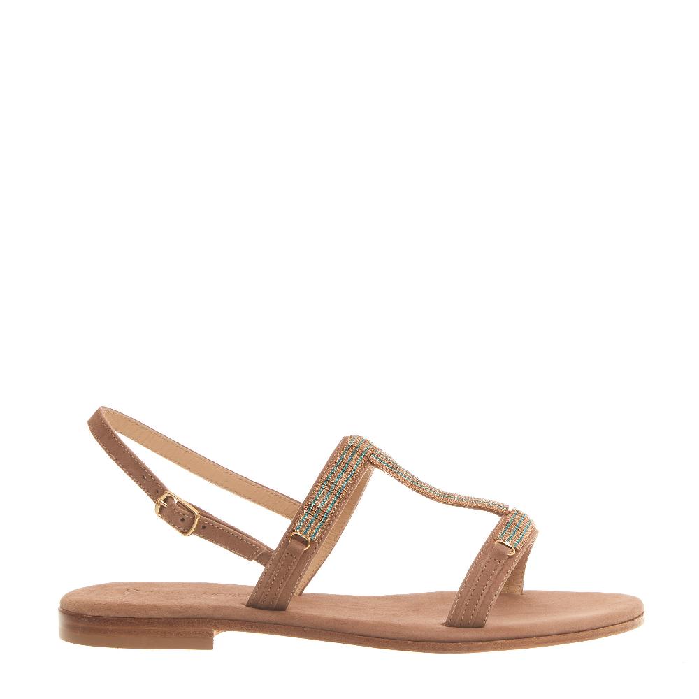 Sorelle Perego sandalo in camoscio beige con cristalli blu e rame Saldi Di Fabbrica