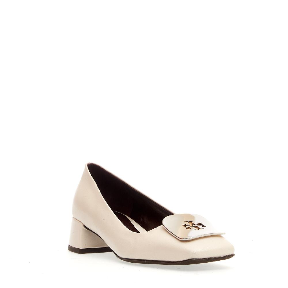 Sorelle Perego Pump pelle panna fibbia logo argento tacco 40 Nuova