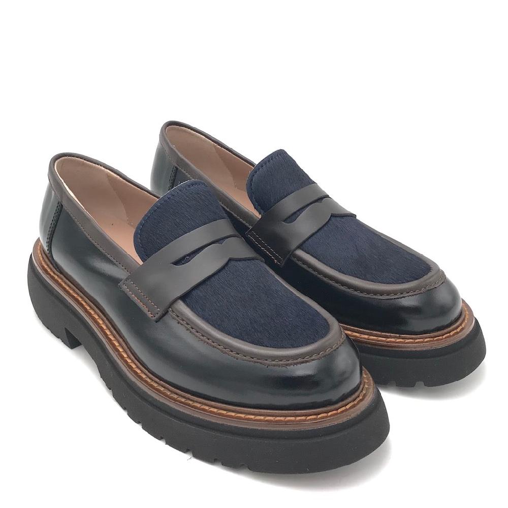 Zulian Calzature Mocassino nero e cavallino blu Nuovo