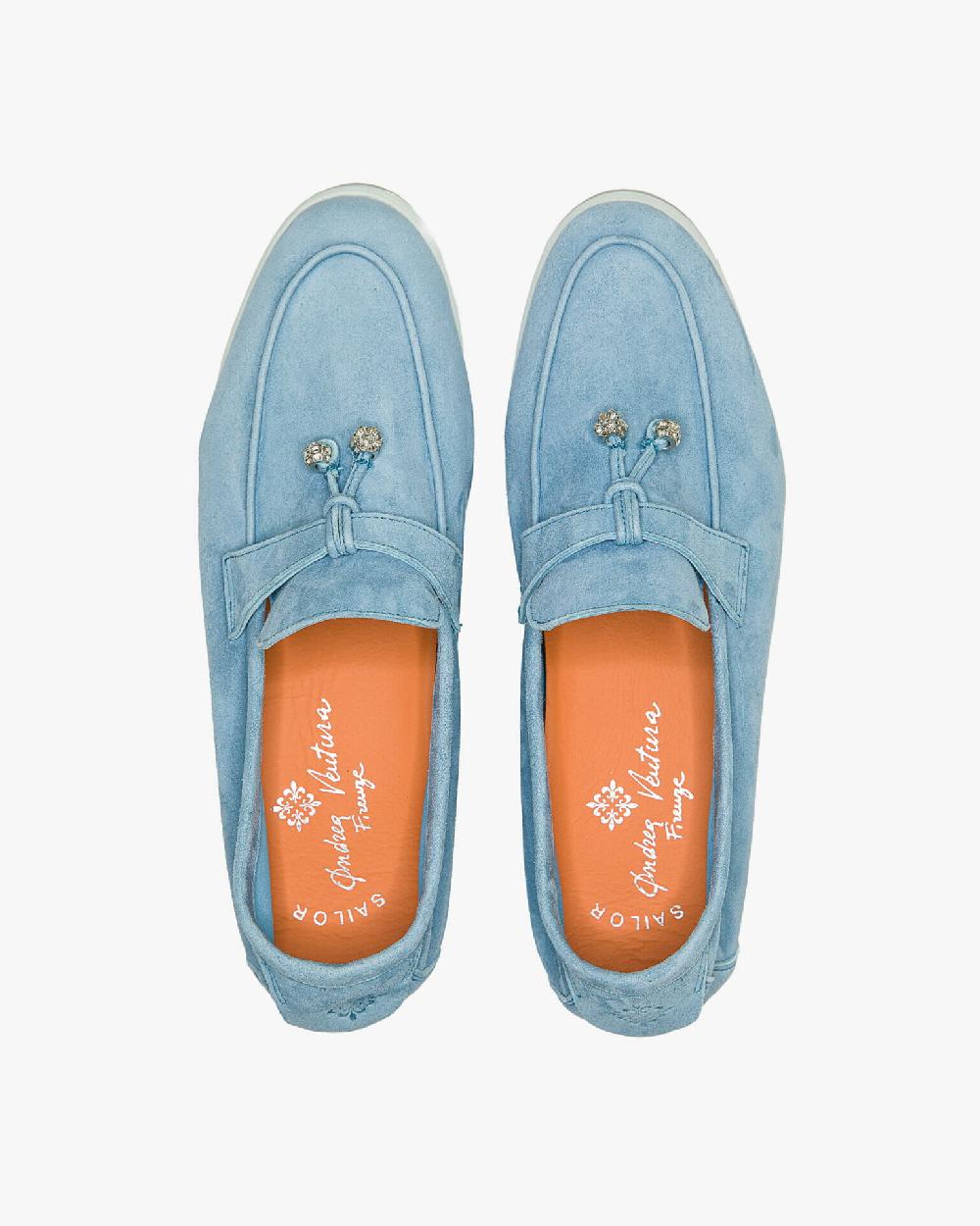 Andrea ventura Mocassino senza lacci con charms color argento Aq-D BEACH-CHARMS1 in suede color azzurro Fino al 50% di sconto